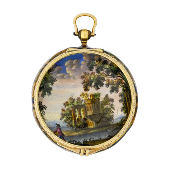 Swiss gold and painted-on enamel pendant watch Circa 1690 Swiss gold and painted-on enamel pendant watch Circa 1690