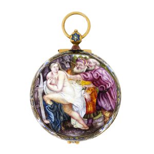 Swiss gold pendant watch decorated with enamel scene Circa 1690