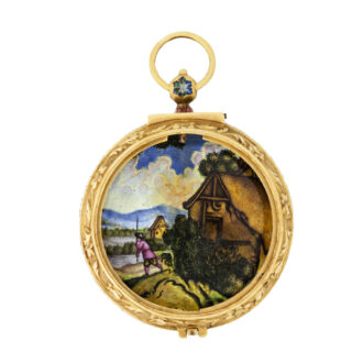 Swiss gold pendant watch decorated with enamel scene Circa 1690