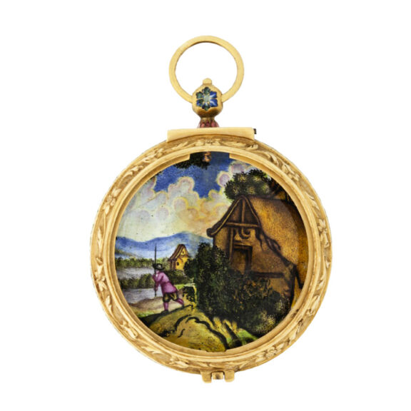 Swiss gold pendant watch decorated with enamel scene Circa 1690 Swiss gold pendant watch decorated with enamel scene Circa 1690