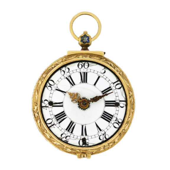 Swiss gold pendant watch decorated with enamel scene Circa 1690 Swiss gold pendant watch decorated with enamel scene Circa 1690