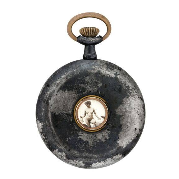 Swiss gunmetal pocket watch with passing erotic automata Circa 1901