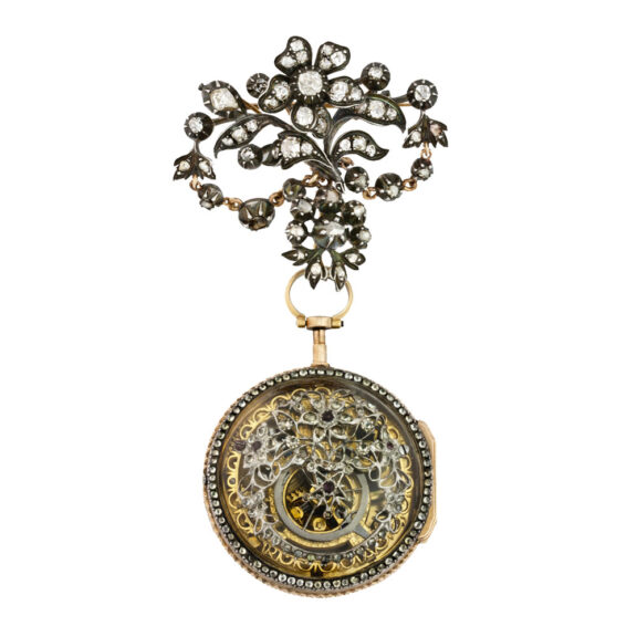 French 18 Carat gold paste set skeletonized pendant watch Circa 1770