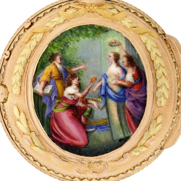 Swiss 18k gold pocket watch with enamel scene Circa 1770 Swiss 18k gold pocket watch with enamel scene Circa 1770