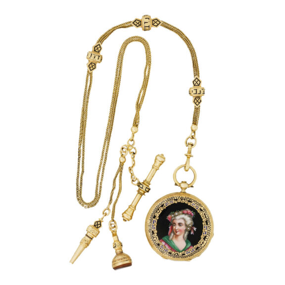 Swiss gold, enamel and diamond lady's pendant watch Circa 1860 Swiss gold, enamel and diamond lady's pendant watch Circa 1860