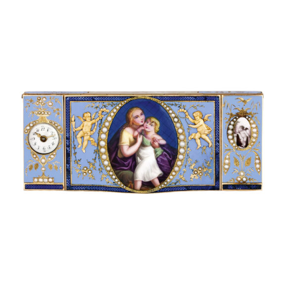 Swiss gold, enamel and pearl snuffbox with intergral watch Circa 1800