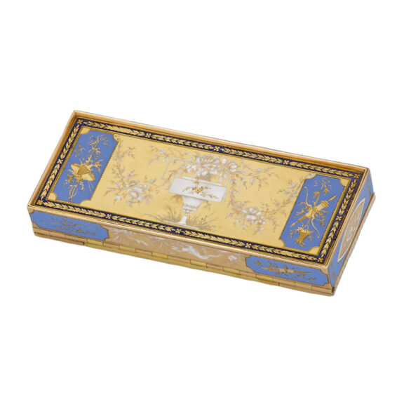 Swiss gold, enamel and pearl snuffbox with intergral watch Circa 1800 Swiss gold, enamel and pearl snuffbox with intergral watch Circa 1800