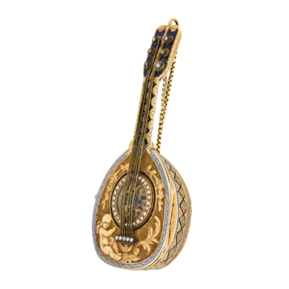 Swiss gold, enamel and pearl mandolin-shaped form watch Circa 1810 Swiss gold, enamel and pearl mandolin-shaped form watch Circa 1810