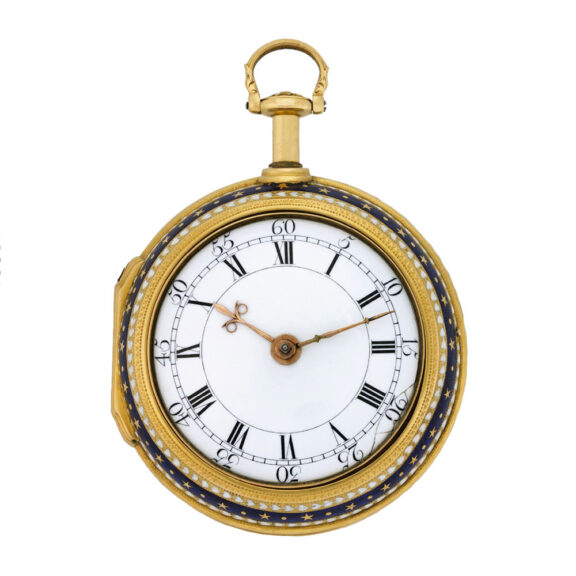 English gold enamel pair cased repeating watch Circa 1736 English gold enamel pair cased repeating watch Circa 1736