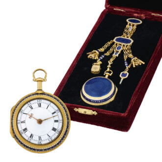 English gold, enamel pair-cased repeating watch Circa 1736 English gold, enamel pair-cased repeating watch Circa 1736