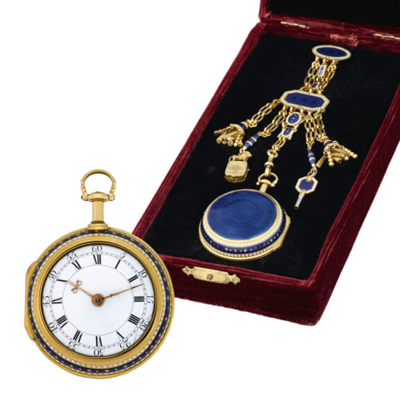English gold, enamel pair-cased repeating watch Circa 1736 English gold, enamel pair-cased repeating watch Circa 1736