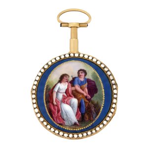 Swiss 18K gold, enamel and pearl-set verge pocket watch Circa 1800
