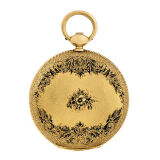 Swiss 18K gold hunter with black enamel floral designs Circa 1900