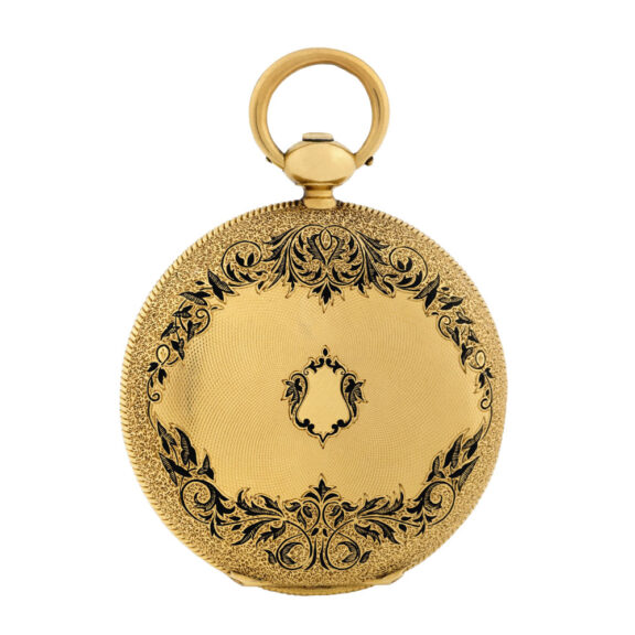 Swiss 18K gold hunter with black enamel floral designs Circa 1900 Swiss 18K gold hunter with black enamel floral designs Circa 1900