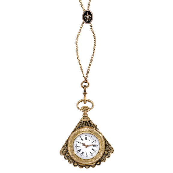 Fine Swiss 14k gold and enamel watch in the form of a fan Circa 1890 Fine Swiss 14k gold and enamel watch in the form of a fan Circa 1890