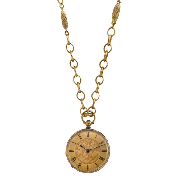 Swiss gold pocket watch accompanied by gold-plated chain Circa 1880 Swiss gold pocket watch accompanied by gold-plated chain Circa 1880