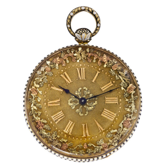 Swiss gold and enamel florally decorated pendant watch Circa 1835 Swiss gold and enamel florally decorated pendant watch Circa 1835