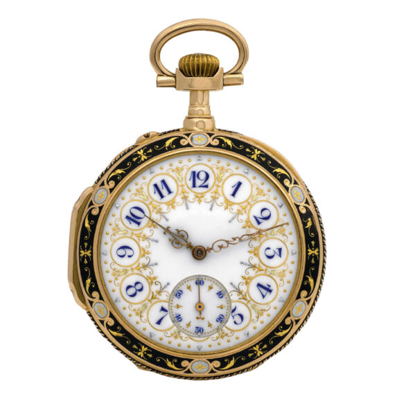 Swiss 18K gold and enamel lady's pendant watch Circa 1895 Swiss 18K gold and enamel lady's pendant watch Circa 1895