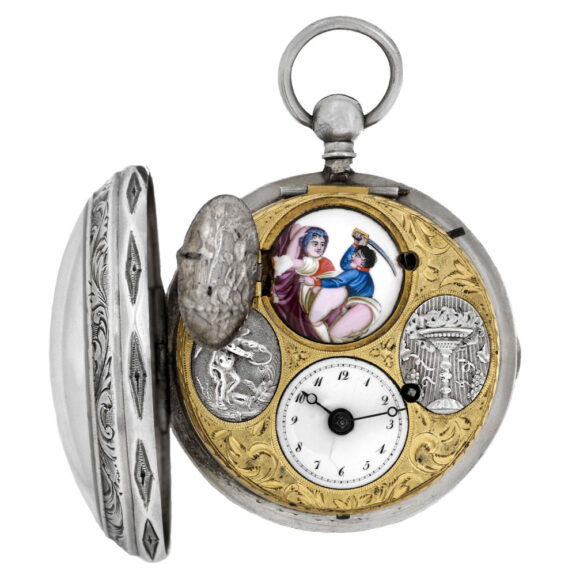 Swiss silver verge with concealed enamel erotic scene Circa 1810 Swiss silver verge with concealed enamel erotic scene Circa 1810