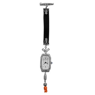 Fine French platinum, diamond and coral-set lapel watch Circa 1900