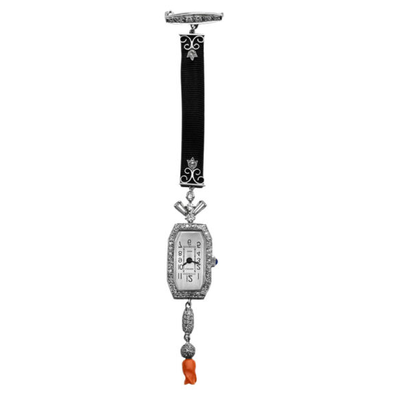 Fine French platinum, diamond and coral-set lapel watch Circa 1900