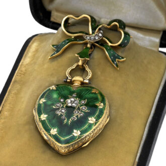 Swiss gold, enamel and diamond heart-shaped brooch watch Circa 1850 Swiss gold, enamel and diamond heart-shaped brooch watch Circa 1850