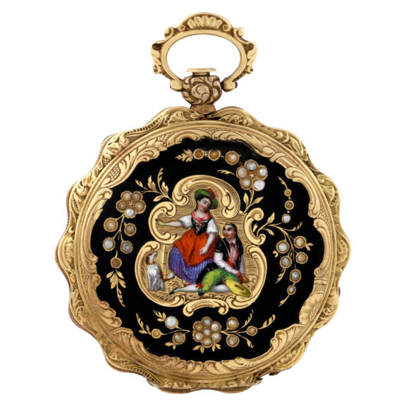 Swiss gold, enamel and pearl set lady's pendant watch Circa 1850