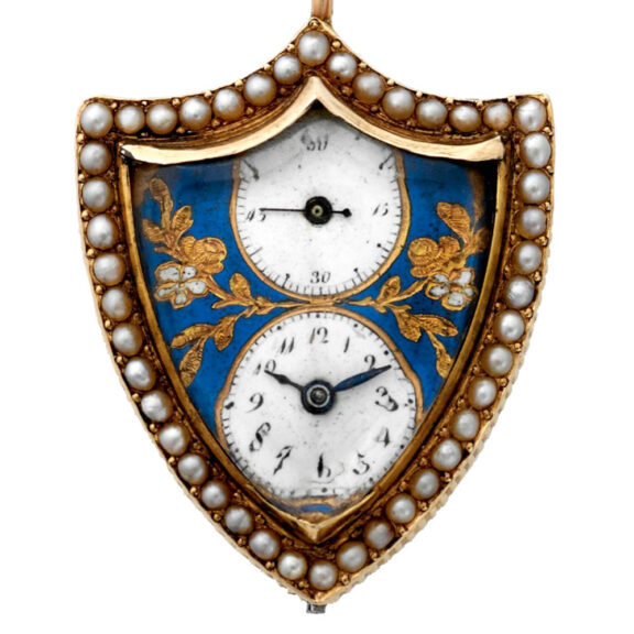 Rare Swiss gold shield-shaped brooch pendant watch Circa 1800 Rare Swiss gold shield-shaped brooch pendant watch Circa 1800
