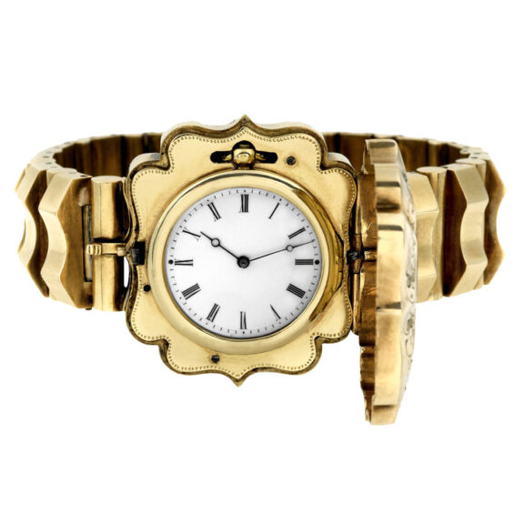 Swiss gold bracelet with detachable miniature watch Circa 1845 Swiss gold bracelet with detachable miniature watch Circa 1845
