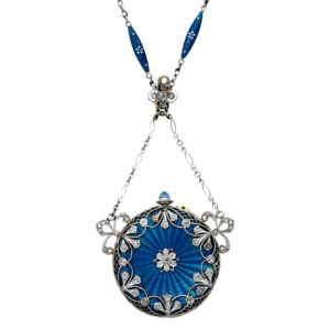 Swiss platinum, enamel and diamond lady's pendant watch Circa 1910