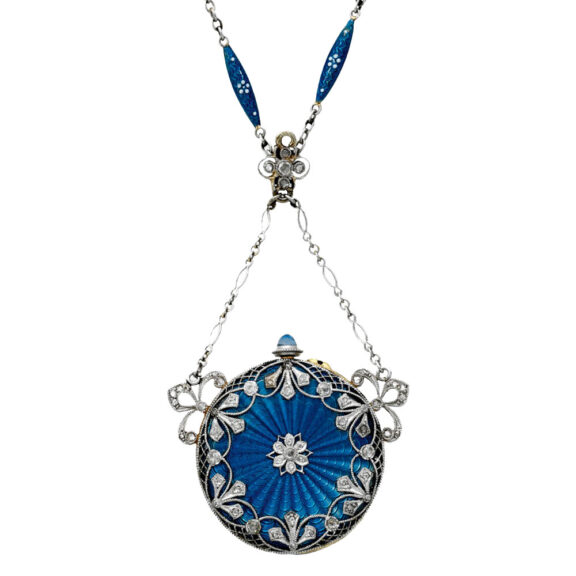 Swiss platinum, enamel and diamond lady's pendant watch Circa 1910