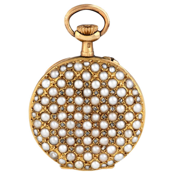 Swiss 18K gold watch decorated with pearl and diamond Circa 1900