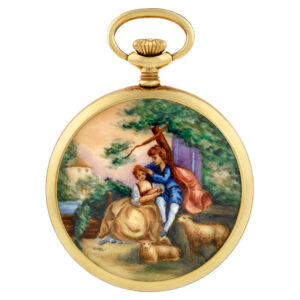 Swiss 18K yellow gold lever with enamel scene Circa 1960