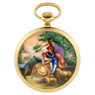 Swiss 18K yellow gold lever with enamel scene Circa 1960