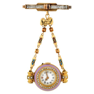 Elegant Swiss gold, enamel and diamond brooch watch Circa 1890