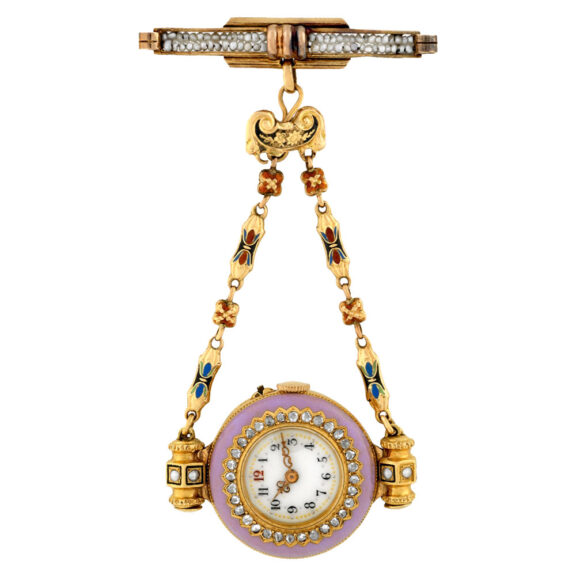 Elegant Swiss gold, enamel and diamond brooch watch Circa 1890