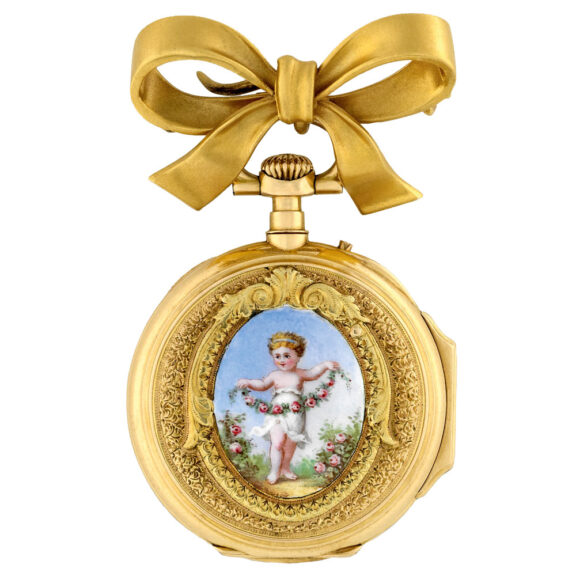 Gold Swiss watch with detachable gold bow brooch Circa 1875
