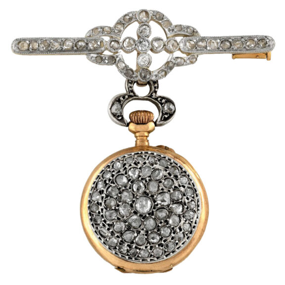 Swiss gold rose-cut diamond-set keyless brooch watch Circa 1890