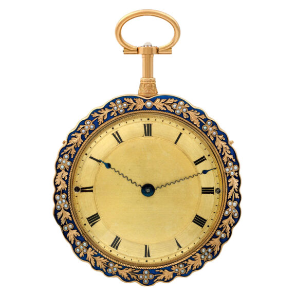 Magnificent Swiss gold, pearl set and enamel clockwatch Circa 1820 Magnificent Swiss gold, pearl set and enamel clockwatch Circa 1820