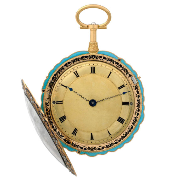 Magnificent Swiss gold, pearl set and enamel clockwatch Circa 1820 Magnificent Swiss gold, pearl set and enamel clockwatch Circa 1820