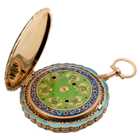 Magnificent Swiss gold, pearl set and enamel clockwatch Circa 1820 Magnificent Swiss gold, pearl set and enamel clockwatch Circa 1820