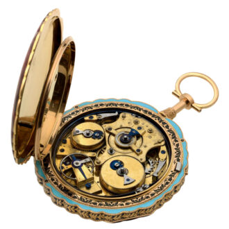 Magnificent Swiss gold, pearl set and enamel clockwatch Circa 1820