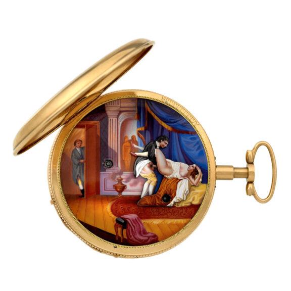 Fine Swiss gold quarter repeating erotic musical pocket watch Circa 1820 Fine Swiss gold quarter repeating erotic musical pocket watch Circa 1820