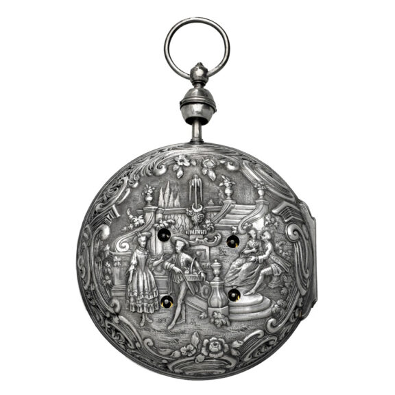 French silver quarter repeating repoussé coach watch Circa 1740