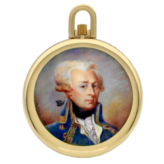 Unique Swiss gold lever with enamel miniature portrait Circa 1974