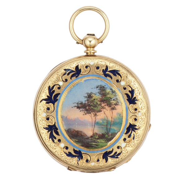 Swiss 18K gold and enamel cylinder pendant watch Circa 1845