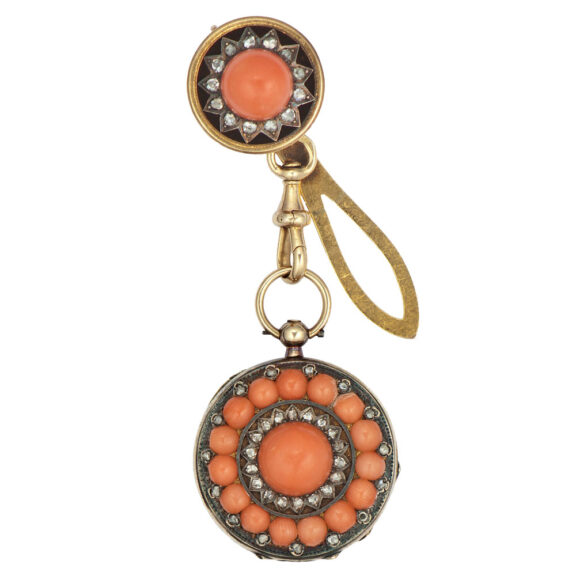 Swiss gold, coral and diamond lapel brooch watch Circa 1840