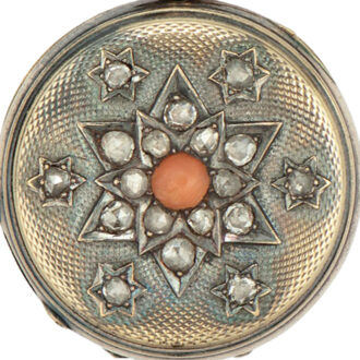 Swiss gold, coral and diamond lapel brooch watch Circa 1840