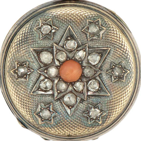 Swiss gold, coral and diamond lapel brooch watch Circa 1840 Swiss gold, coral and diamond lapel brooch watch Circa 1840