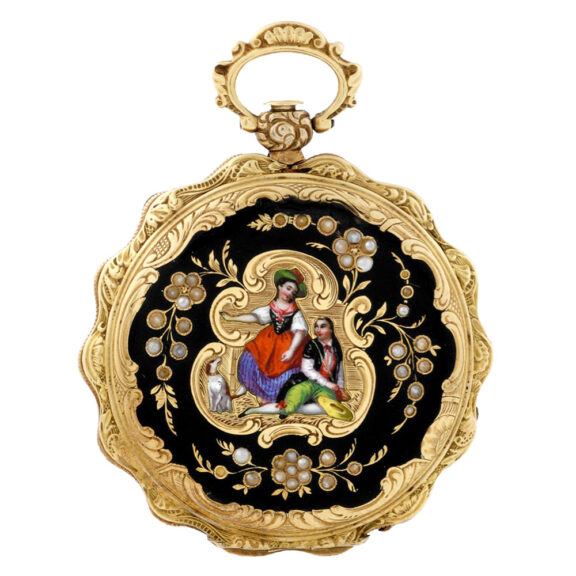 Swiss gold, enamel and pearl set lady's pendant watch Circa 1850
